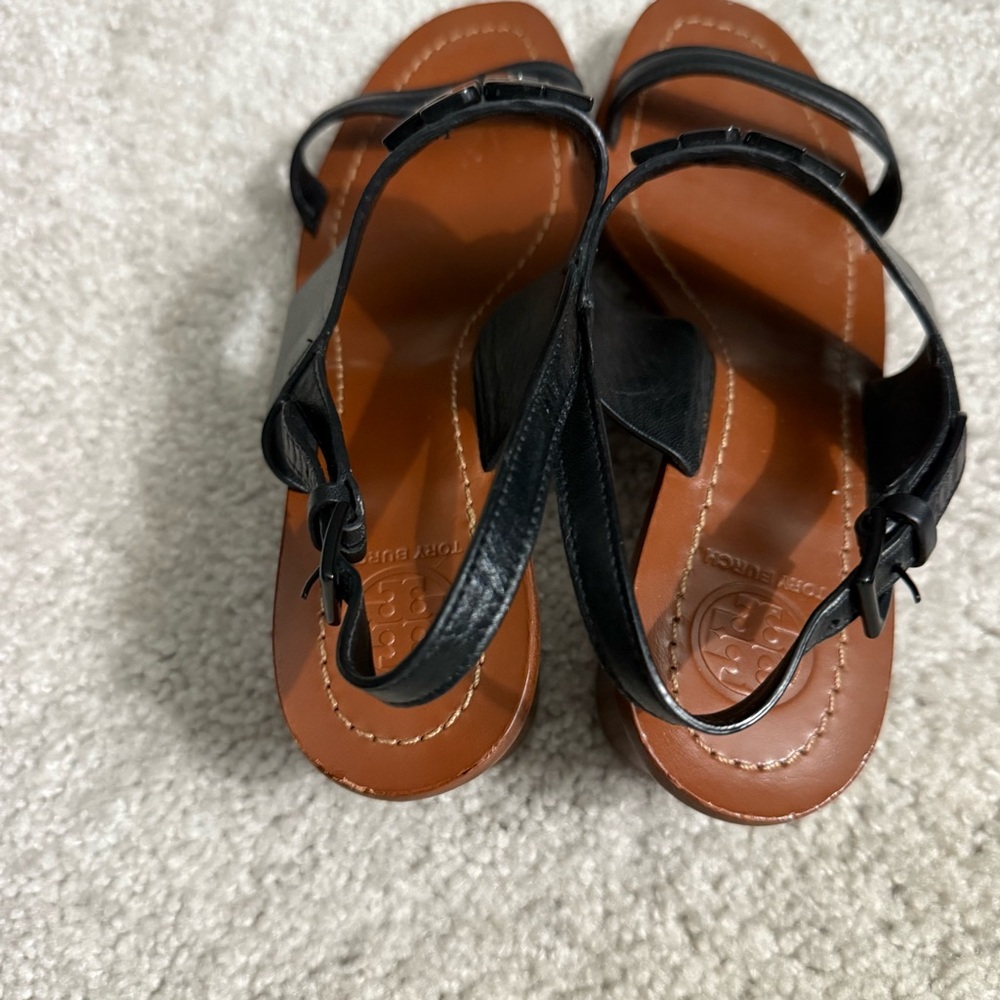 Tory Burch Black Lowell Napa Leather Block Heels Black Sz 7 Sandals. Excellent - Picture 11 of 14